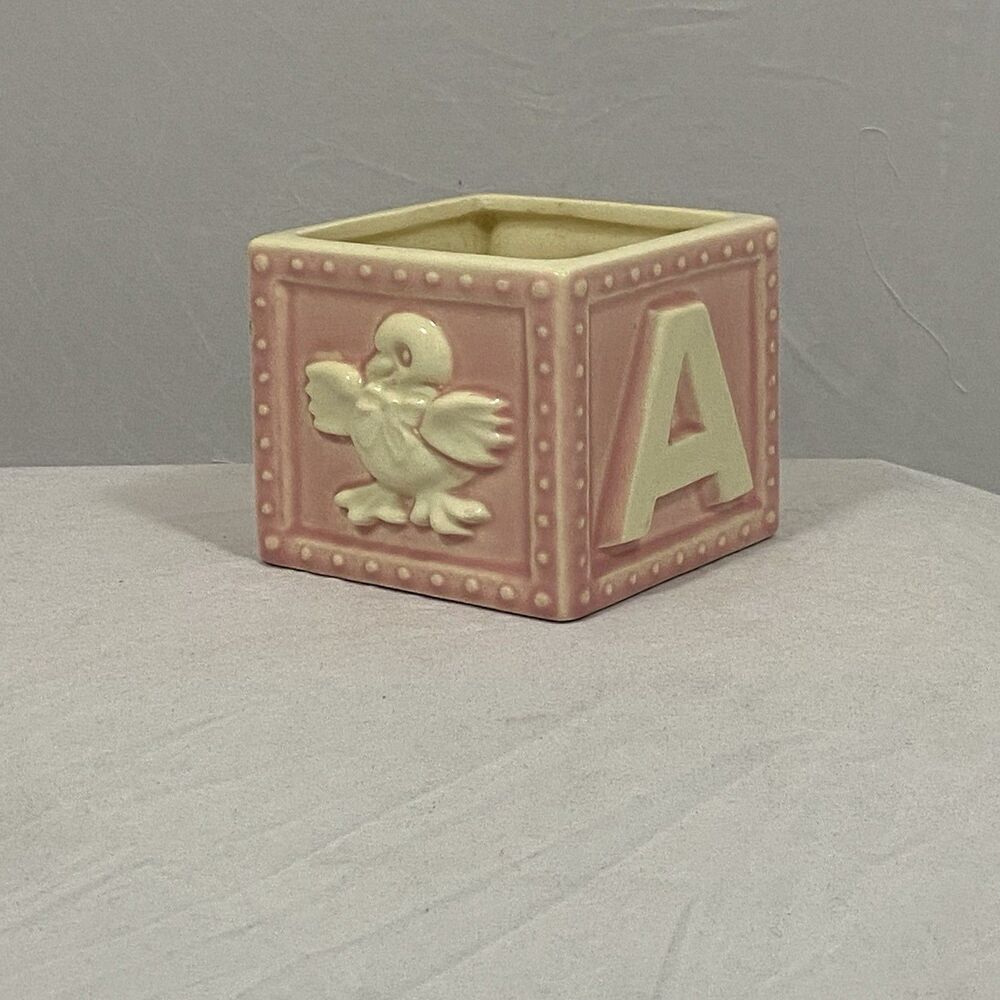 Precious vintage Haeger baby block planter in pink nursery decor bunny duck USA